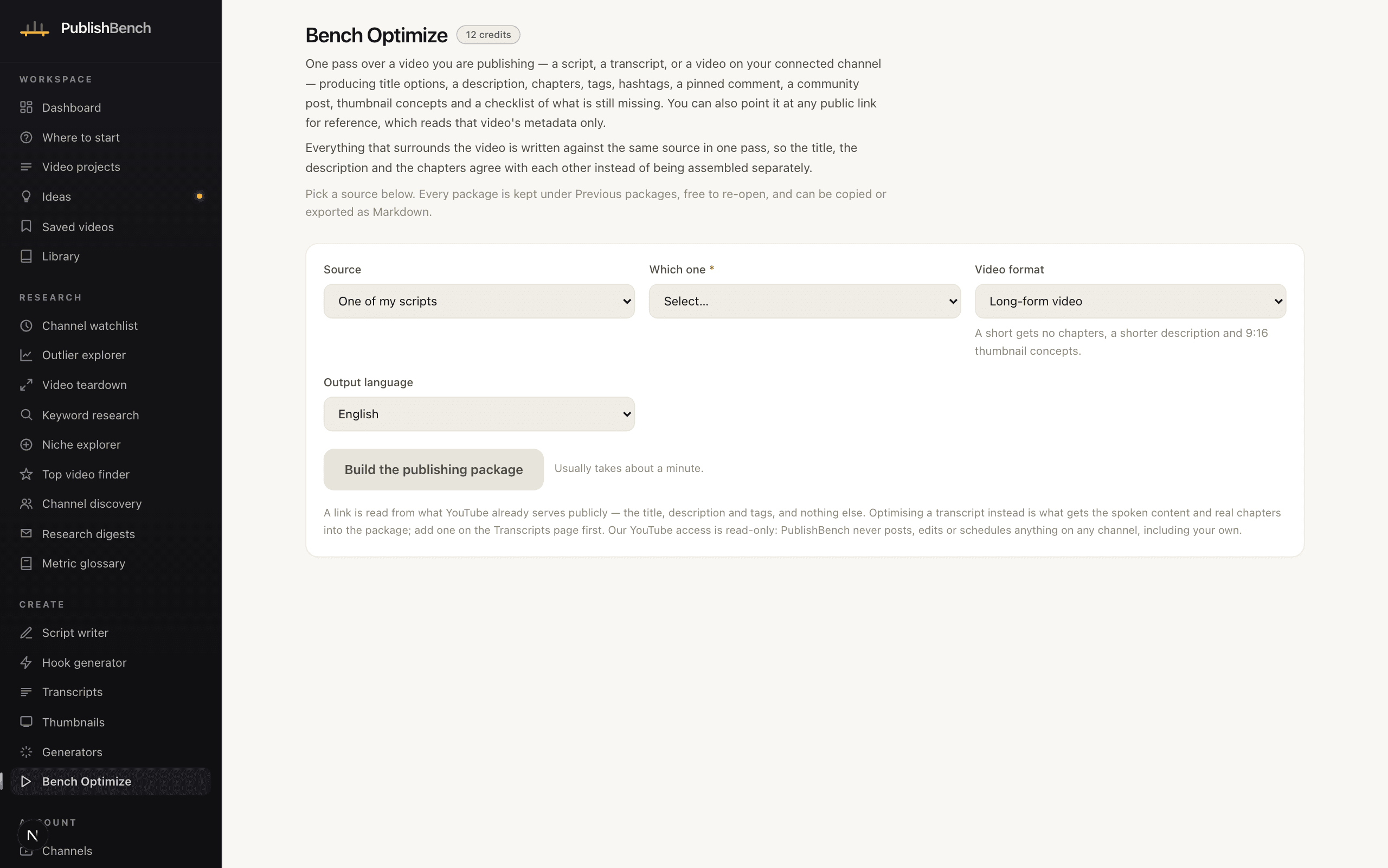 A finished Bench Optimize package listing title options, a description, chapters, tags, hashtags, a pinned comment and a publishing checklist.