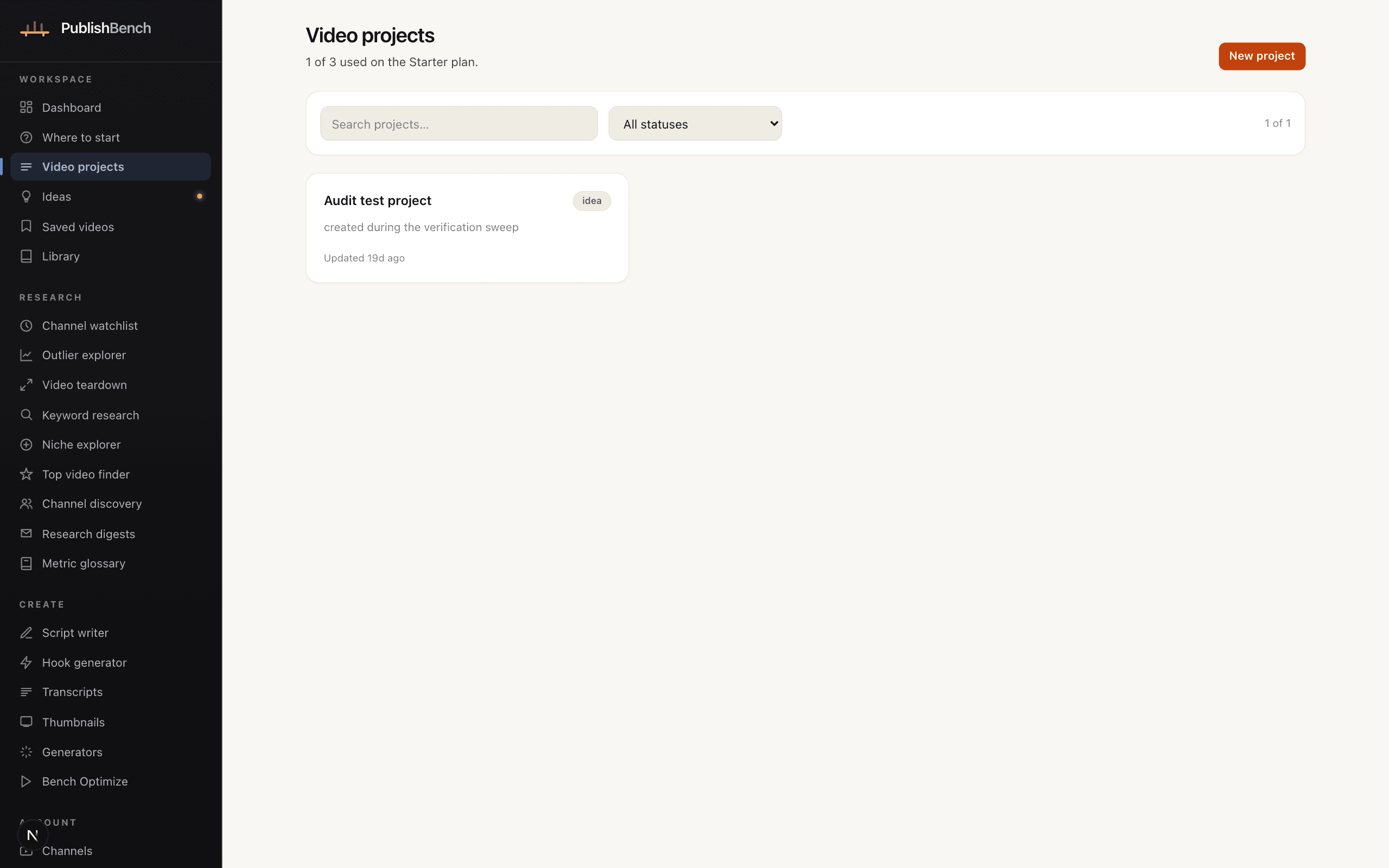 A video project page showing status, deadline and audience alongside the scripts, transcripts and thumbnails attached to that video.
