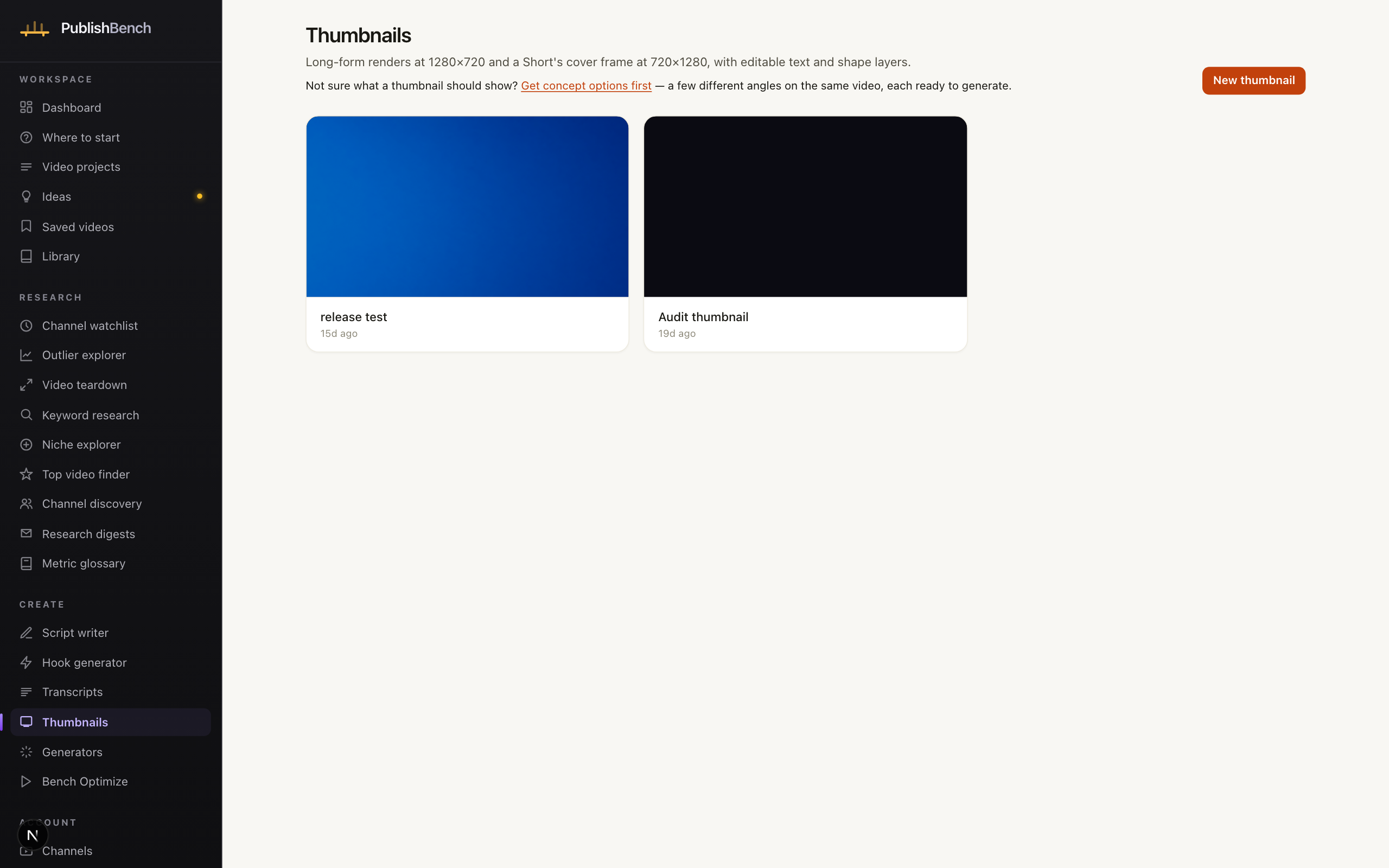 The thumbnail designer showing a 1280 by 720 canvas with text and shape layers and controls for size, weight, colour, outline and shadow.